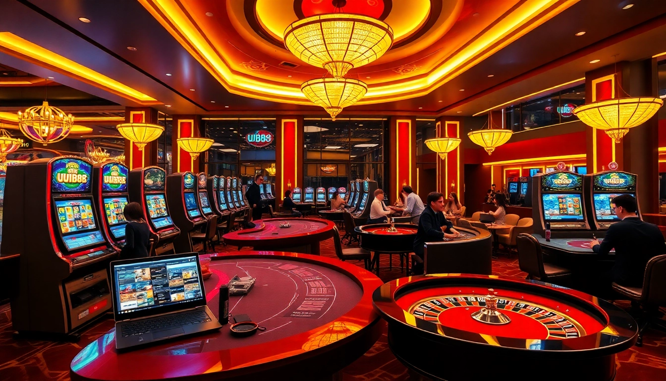 Engaging gamblers at the uu88 online casino with vibrant poker tables and thrilling slot machines.