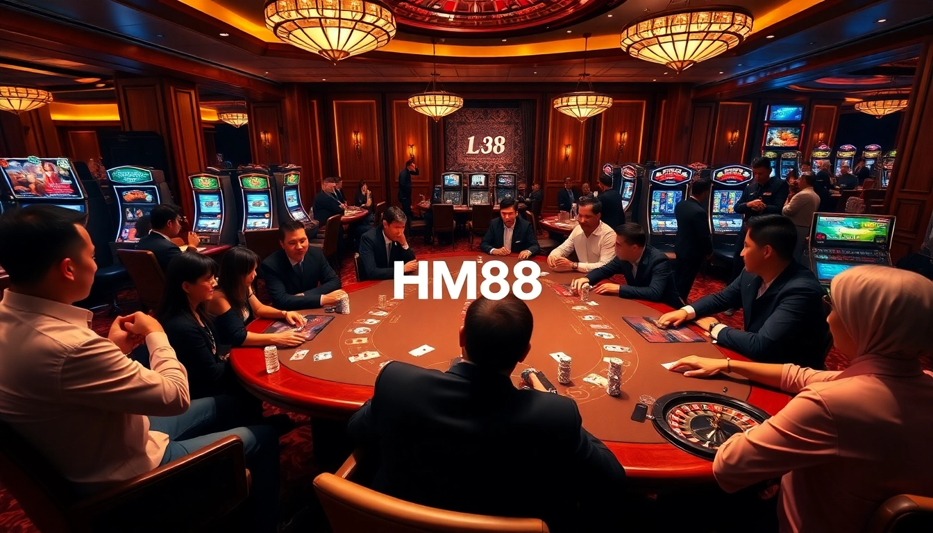 Experience the excitement of gambling at HM88 with players at a luxurious poker table.