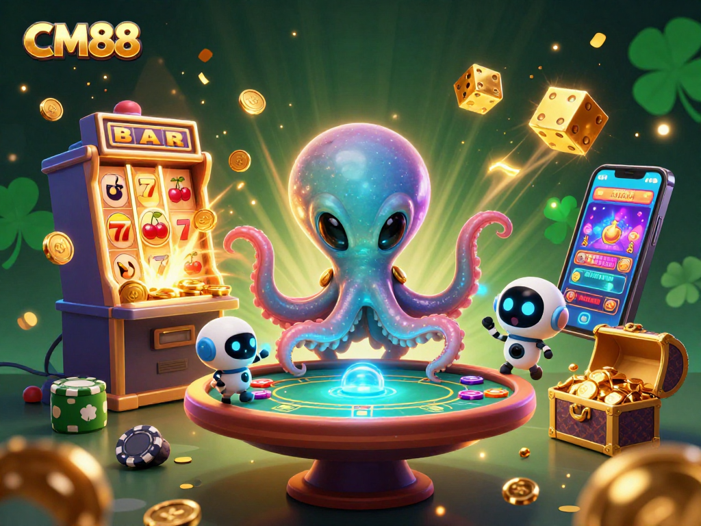 Play poker with CM88's alien octopus at a vibrant casino scene bursting with excitement.