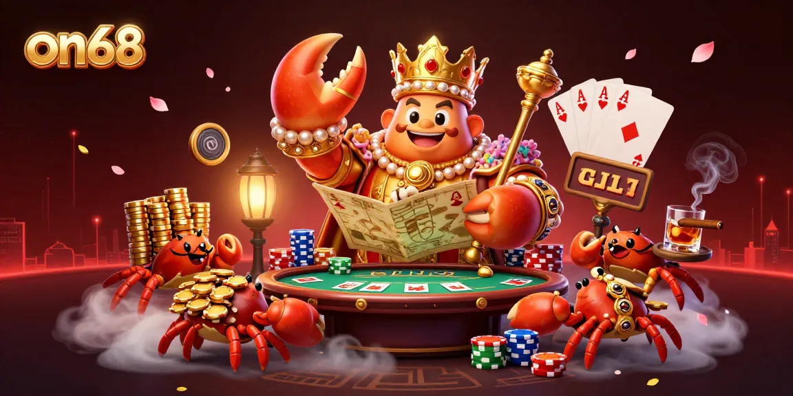 Experience thrilling gameplay at on68 with a dynamic casino scene featuring a golden crab emperor and poker elements.