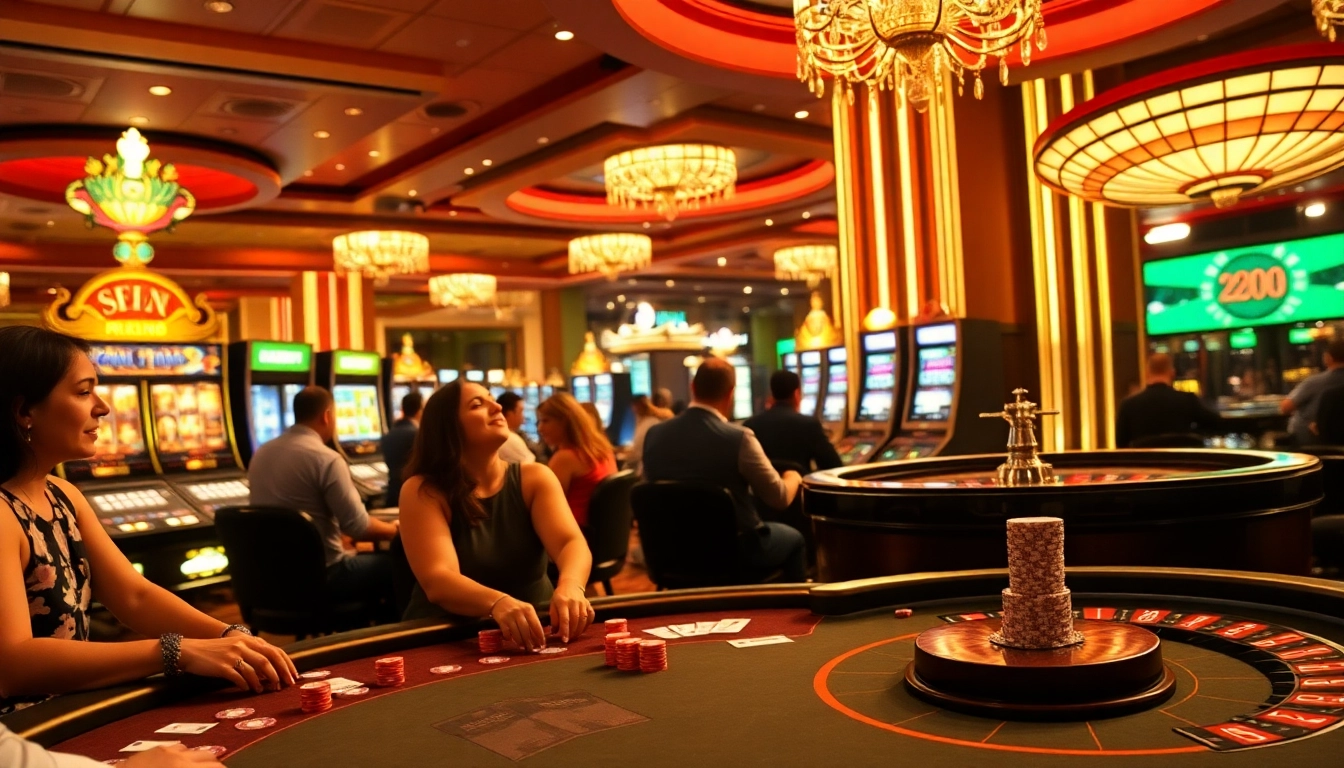 Experience the excitement of rikbet with a luxurious casino scene featuring poker, slots, and roulette.
