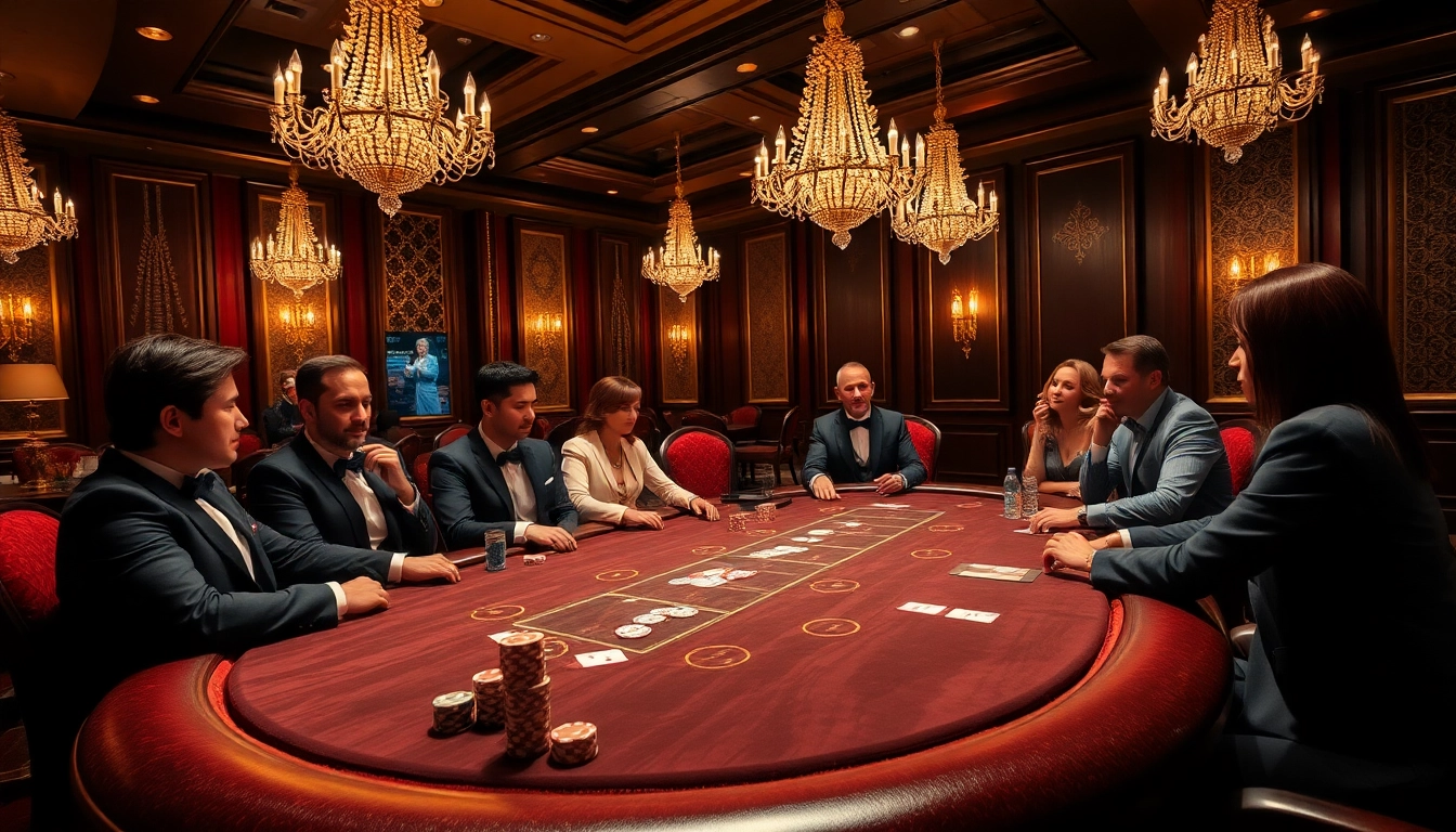 Intense poker game with players at mb66 casino table, showcasing high-stakes excitement.
