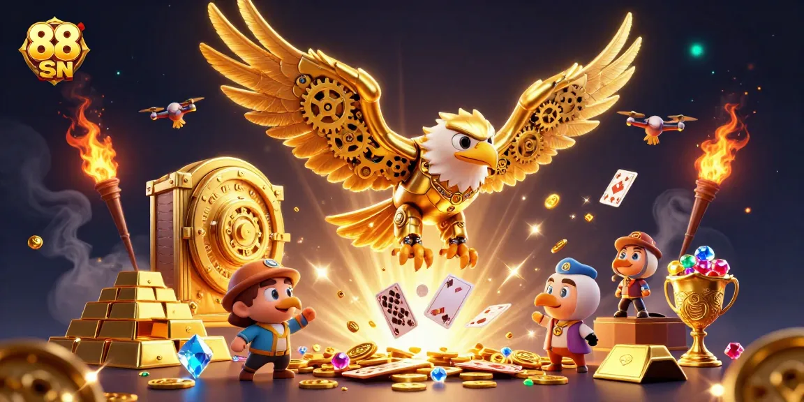 Engage with 88 SN as a golden eagle dives through a cascade of playing cards in a vibrant casino scene.