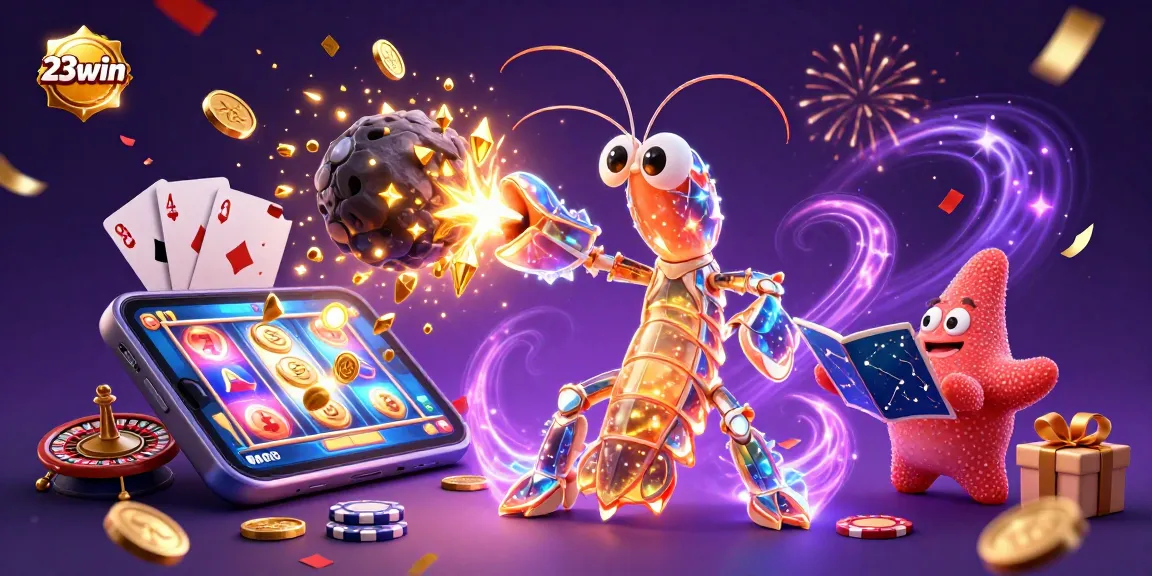 Experience 23win with colorful slot games and vibrant casino elements in this dynamic 3D scene.