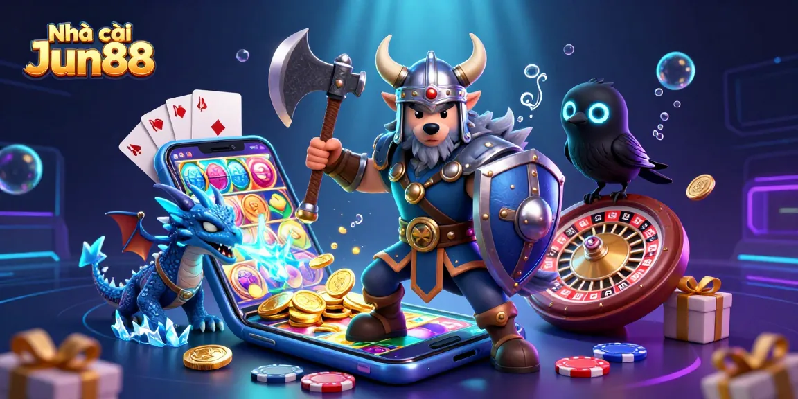 Experience the thrill with Nhà cái Jun88 as the Viking wolf warrior protects gaming treasures in this vibrant casino scene.