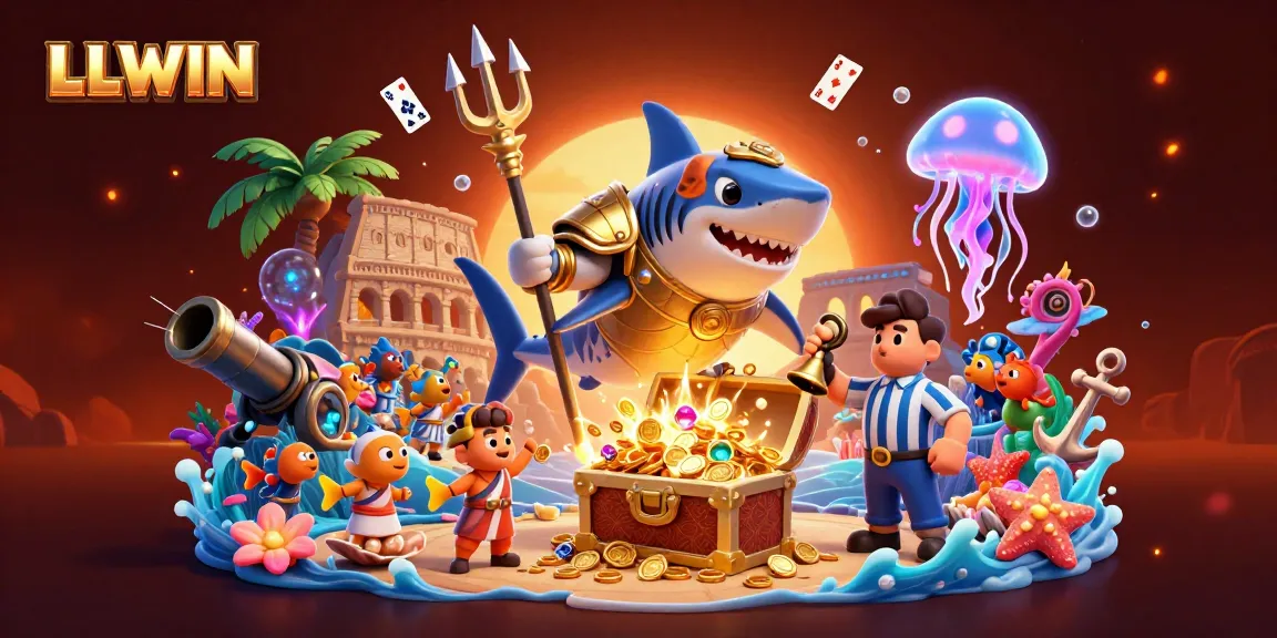 Experience exhilarating action with LLWIN's underwater shark gladiator, surrounded by treasures and vibrant gaming elements.