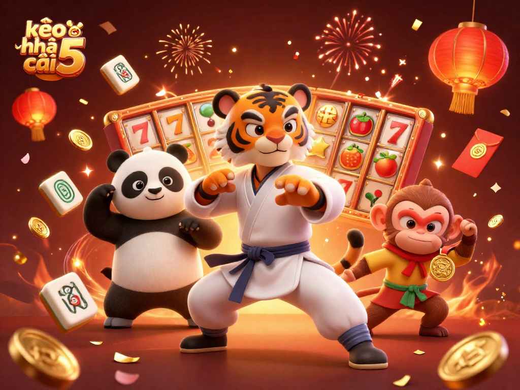 Engage with kèo nhà cái 5 as the kung fu tiger and friends celebrate with golden jackpots.