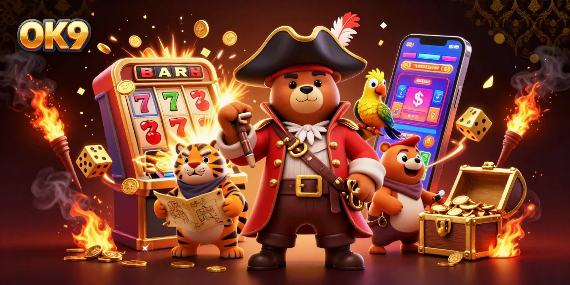 Experience the excitement of gaming with OK9's animated scene featuring jackpot wins and vibrant casino elements.