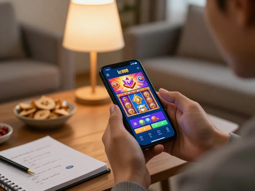 Player engaging with lc888 mobile casino app, showcasing vibrant gaming interface and cozy home atmosphere