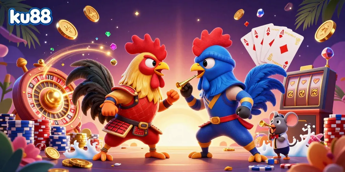 Experience thrilling gameplay at ku88 with dynamic roosters and vibrant casino elements in a rich scene.