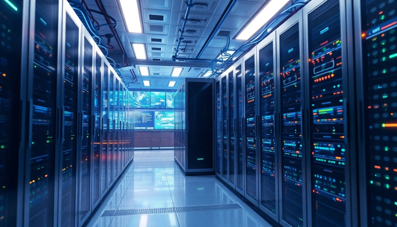 Explore adult web hosting solutions in a high-tech server room with sleek servers and glowing screens.
