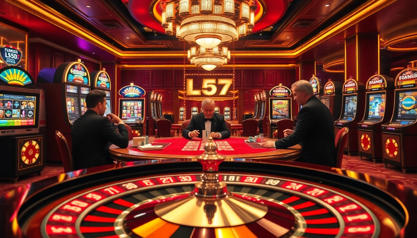 Players enjoying the L567 casino experience at a luxurious poker table while surrounded by gaming excitement.
