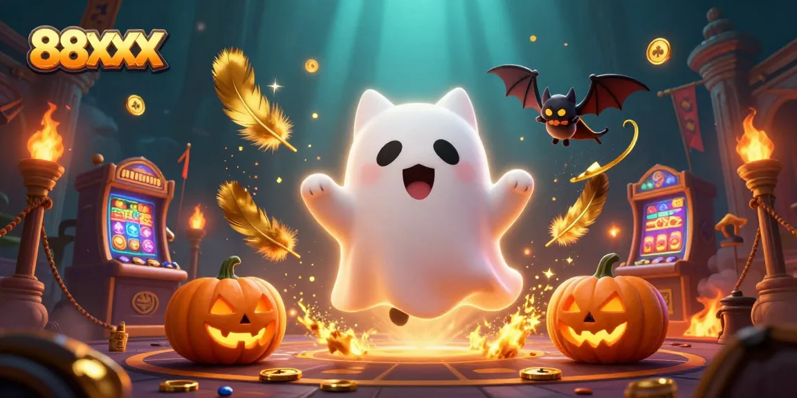 Experience thrilling moments at 88XX with a playful ghost cat and bat in a rich casino scene.