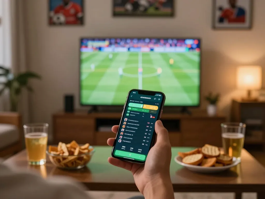 Usuário engajado fazendo apostas esportivas no aplicativo 337bet enquanto desfruta de uma partida em casa.