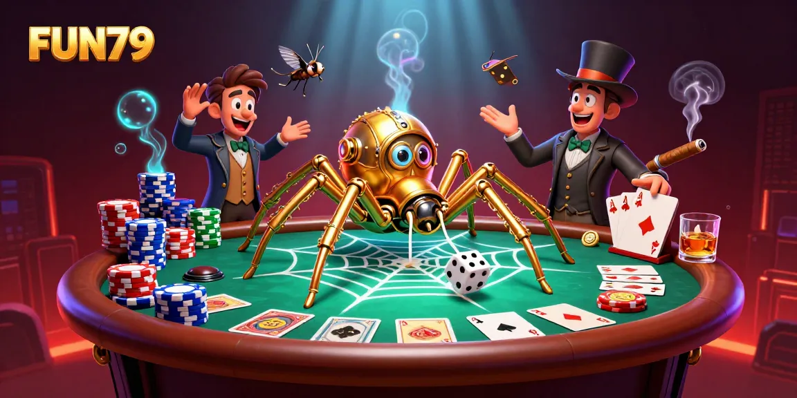 Catch winning moments at FUN79 with a steampunk spider weaving an intricate gaming web.