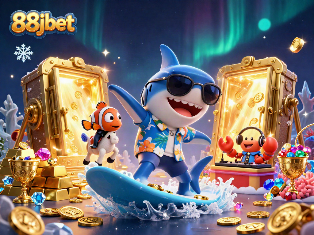 88jbet showcases an exciting scene with a shark surfing on gold coins and vibrant casino elements.
