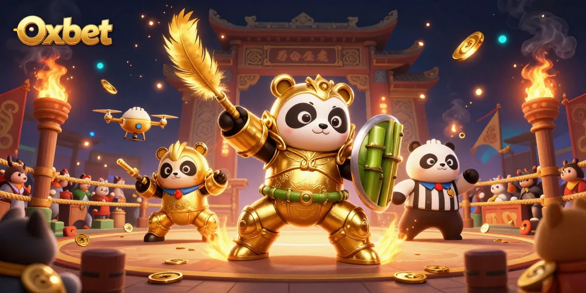 Engage in thrilling action at Oxbet with a vibrant 3D mech-suit panda in a dynamic casino arena.