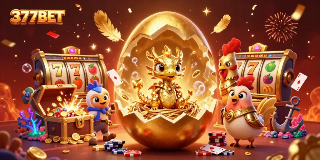 Experience the thrill of winning at 377BET with a golden dragon and dynamic casino elements.
