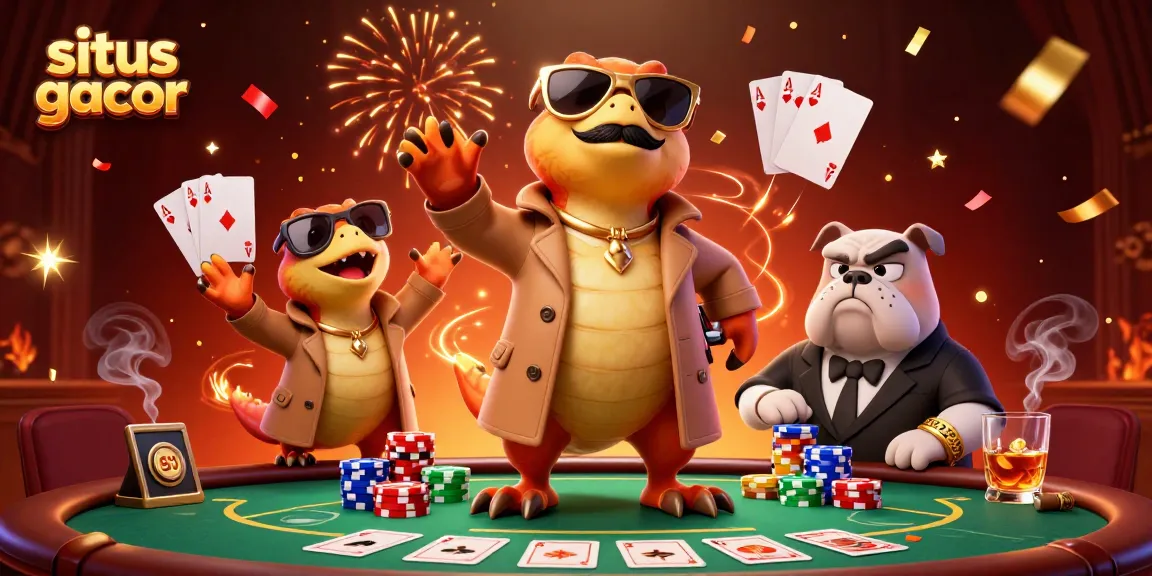 Experience fun and excitement with situs gacor as raptors in disguise enter a VIP casino lounge amidst dazzling poker elements.
