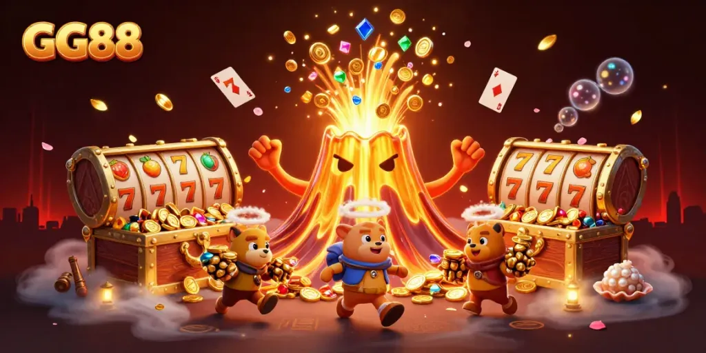 Win big at GG88 with a thriving casino scene featuring vibrant colors and dynamic gaming elements.