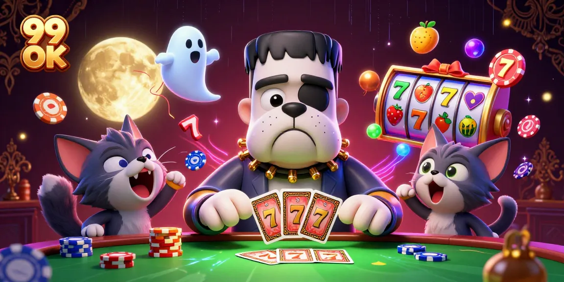 Engage with 99 OK at an exhilarating casino scene with a card-dealing bulldog and vibrant slot reels.