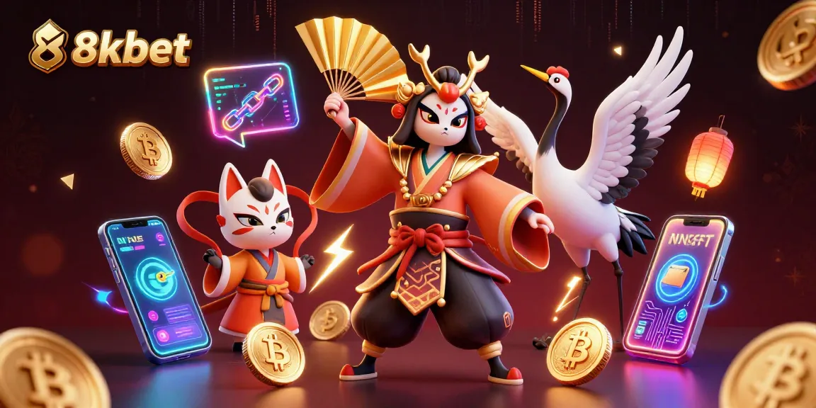 Experience the thrill of 8xbet with a vibrant 3D casino scene featuring a kabuki warrior and crypto elements.