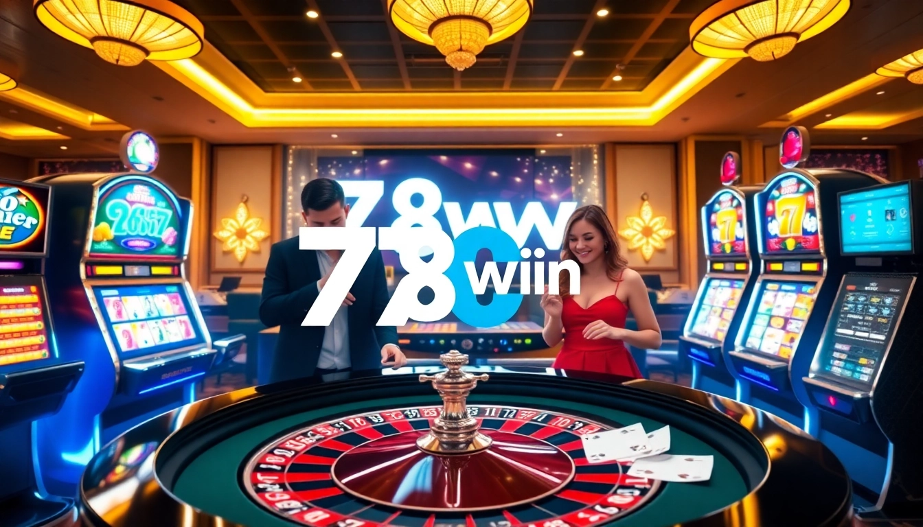 Gambling scene showcasing 78win with excited players at the roulette table.