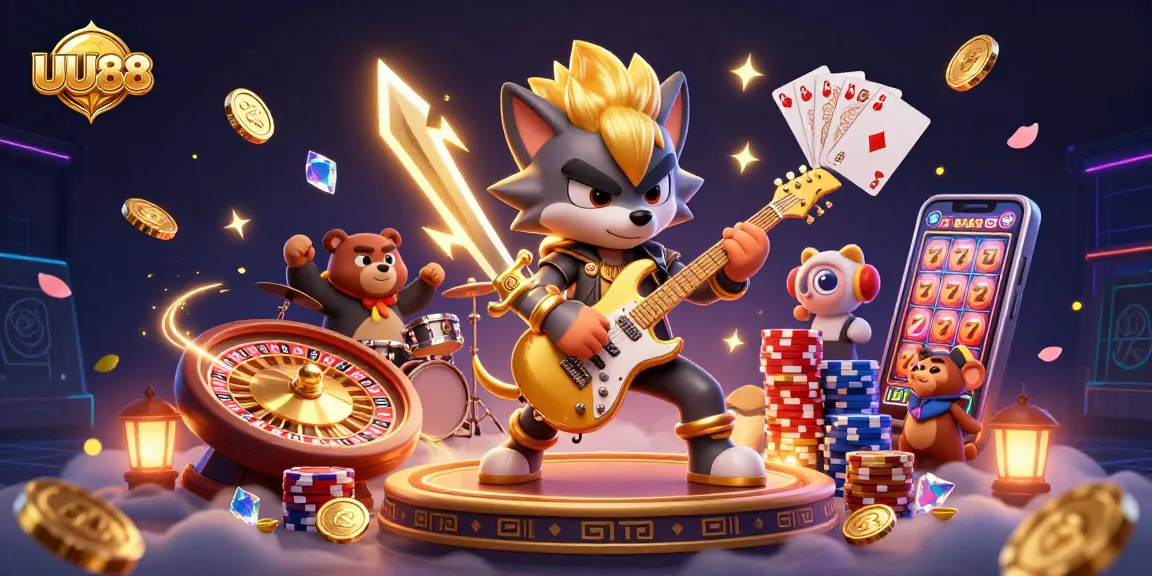 Experience winning thrills with UU88's vibrant 3D casino scene featuring rock star wolf and exciting game elements.