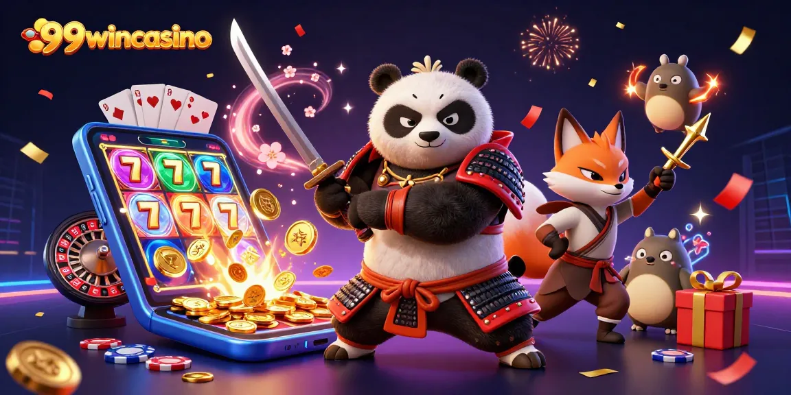A vibrant illustration of 99wincasino showcasing a cartoon panda samurai, ninja fox, and spirit tanuki amid dynamic gaming elements.