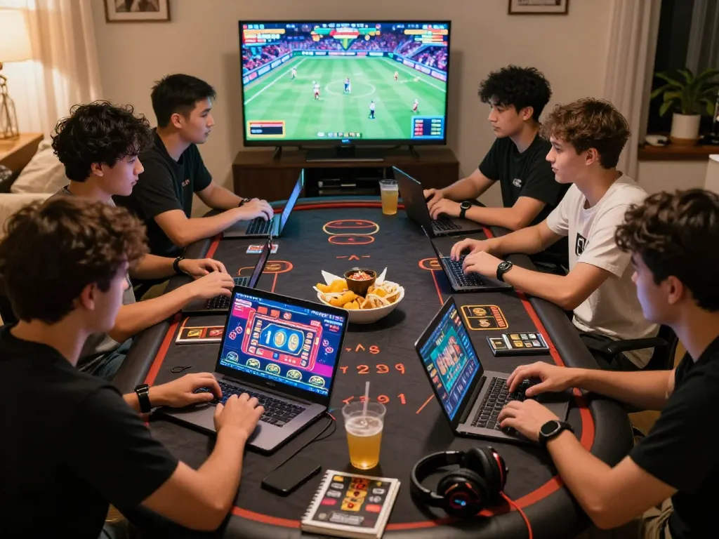 Friends enjoying online gambling at 8kbett.dev in a vibrant home setting with gaming accessories.