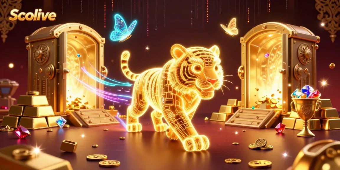 Socolive showcases a vibrant casino atmosphere with a neon tiger in a digital world full of treasures.