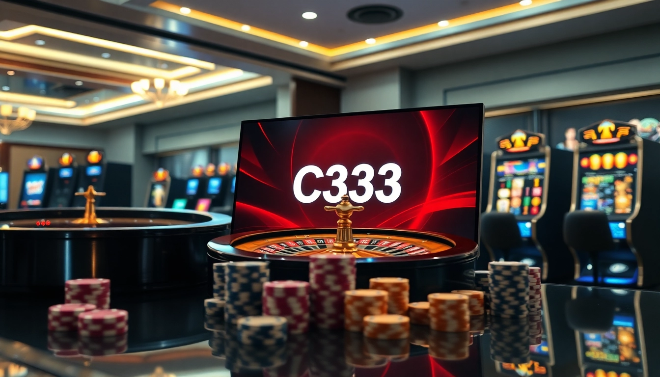 Interface do cassino online C333 exibindo máquinas caça-níqueis vibrantes e fichas de poker enquanto os jogadores participam de ação de jogo emocionante.