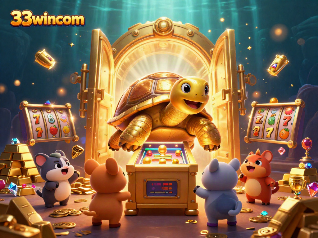 Spin and win big with 33wincom slots, featuring a colossal tortoise with vibrant gaming elements.