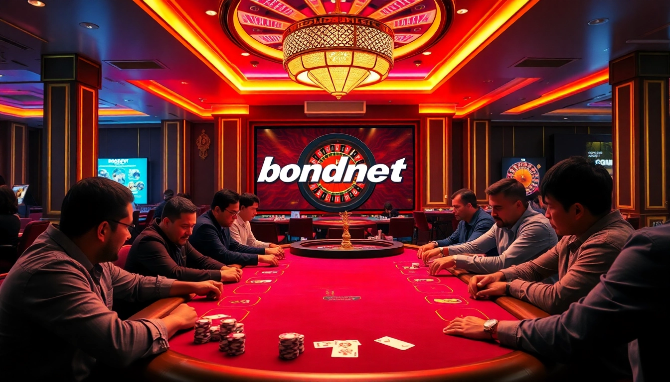 Bongdanet engages players at a vibrant poker table in a luxury casino atmosphere.