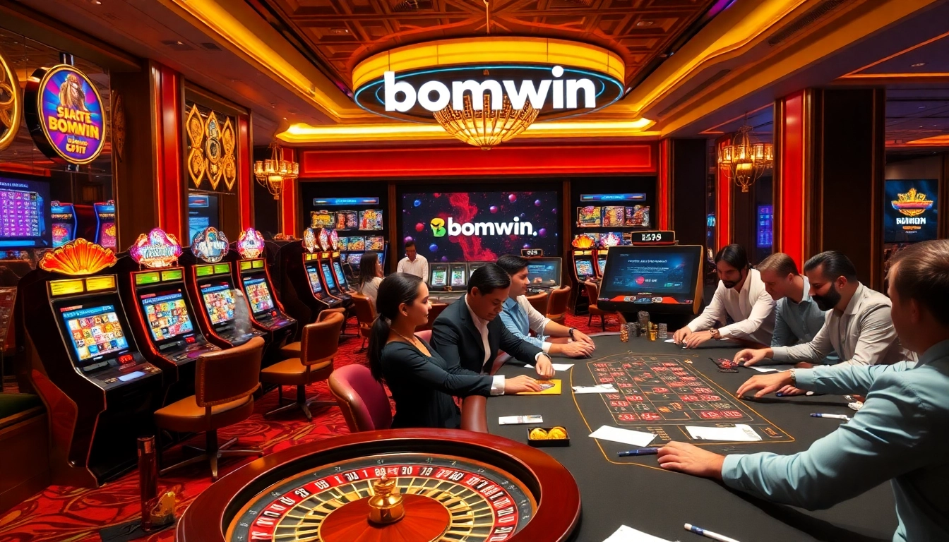 Bomwin players engage at an elegant casino table with roulette and poker chips.
