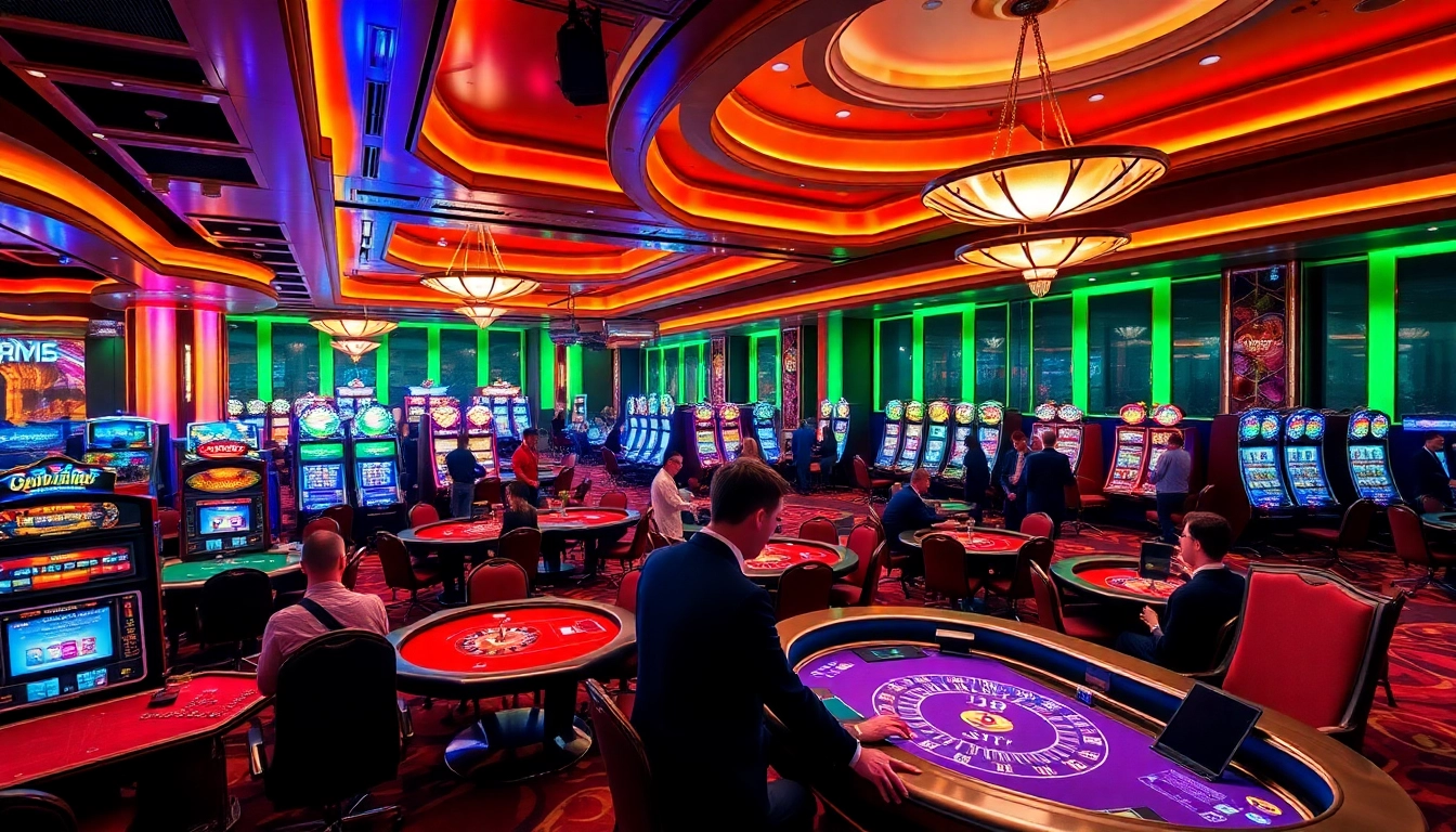Engaging casino scene at I9BET with players enjoying vibrant games, showcasing excitement and professionalism.