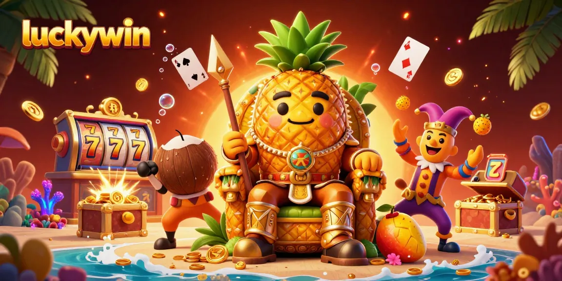 A 3D illustration showcasing luckywin's vibrant golden pineapple king at a beach casino, surrounded by slot elements and treasures.