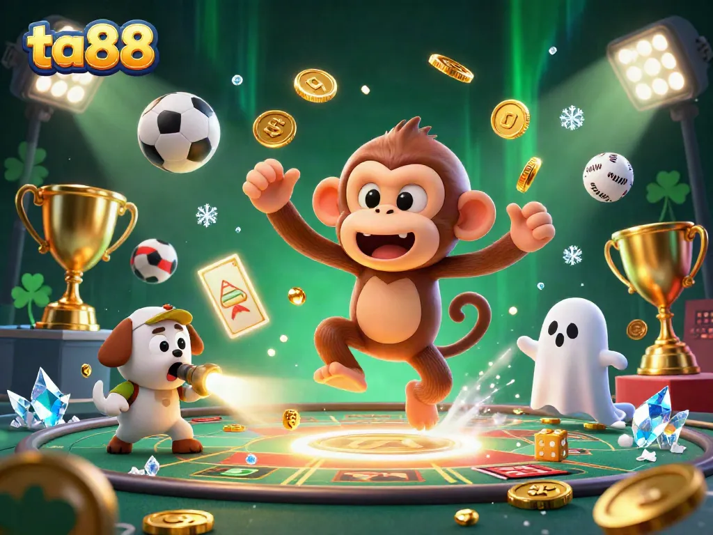 Experience ta88's thrilling atmosphere with a mischievous monkey juggling gold coins and cards in a vibrant casino.