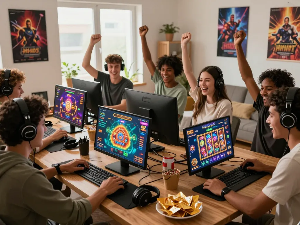 Group of friends celebrating a win on HH55 online gaming platform in a lively living room.
